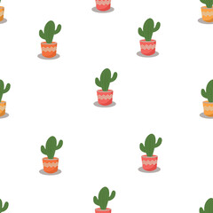 Cute cactus seamless pattern with plant pot on white background. Vector image
