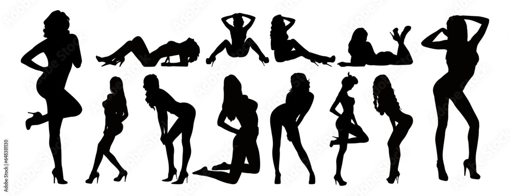 Wall mural vector detailed silhouettes set of beautiful sexy women various lying, sitting and standing poses is