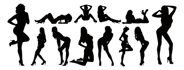 Vector detailed silhouettes set of beautiful sexy women various lying, sitting and standing poses isolated on white background.