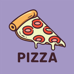 Vector illustration of Pizza slice logo with melted cheese and pepperoni. Cartoon sticker in comic style with contour. Decoration for greeting cards, posters, patches, prints for clothes, emblems