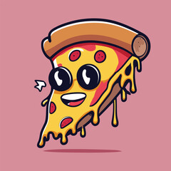 Vector illustration of Pizza slice logo with melted cheese and pepperoni. Cartoon sticker in comic style with contour. Decoration for greeting cards, posters, patches, prints for clothes, emblems