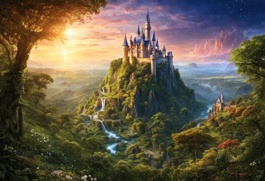 An enchanted kingdom of magic, ruled by a powerful sorcerer or sorceress