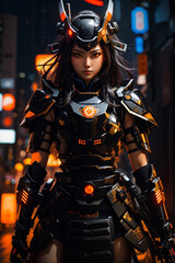 Fototapeta premium Samurai in night city neon lights on background. ai generated .