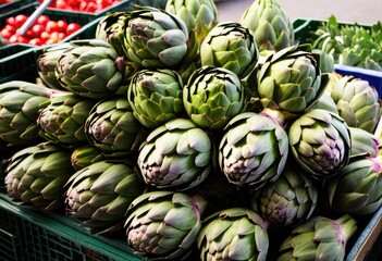 Fototapeta premium An image of fresh artichokes on a market stall
