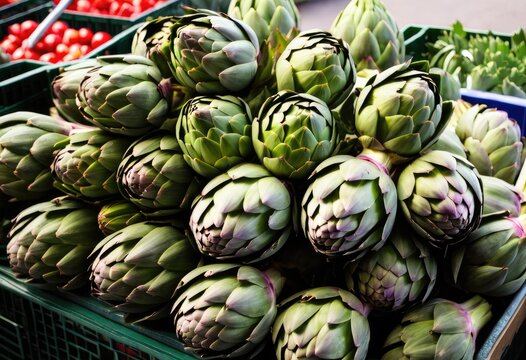 An image of fresh artichokes on a market stall