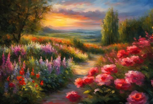 An impressionist painting style image featuring flowers