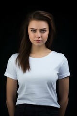 Fototapeta premium a woman wearing a white T-shirt on black background in studio, soft light. generative AI