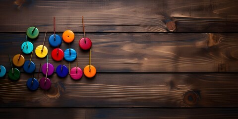Colorful spools and buttons on wooden backdrop