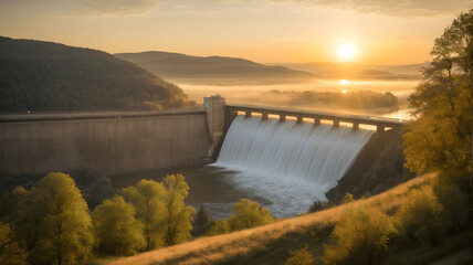 dam on the river at sunset