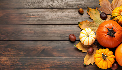 Autumn side border of pumpkins and natural fall decor. Overhead view on a rustic dark wood background with copy space. Generative Ai - obrazy, fototapety, plakaty