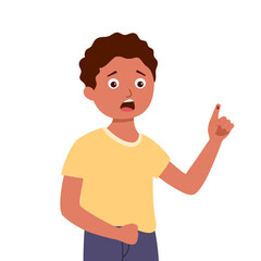 Boy child with hand finger bleed from kitchen knife cut in flat design. Wound on finger.