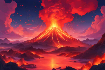 Volcanic eruption on a mountain with red hot lava flowing.