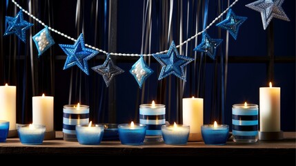 Fototapeta na wymiar Hanukkah festive celebration concept, glow of the menorah with shining candles and star