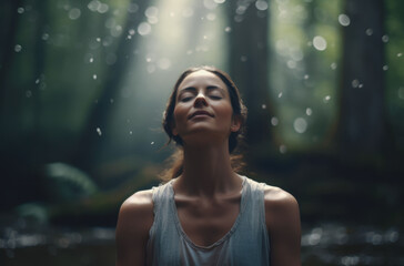 Young woman meditating and relaxing in a forest