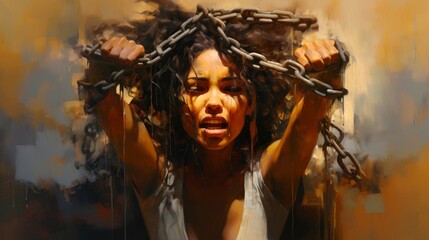 Chained woman. Women violence and abuse concept, human trafficking Concept, Day for the Elimination of Violence Against Women concept