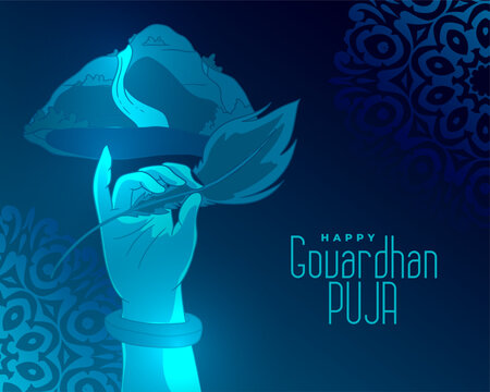 happy govardhan pooja greeting card with krishna hand lifting mountain