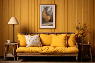 Modern home interior design yellow wooden bench, table lamp, frame on wall.