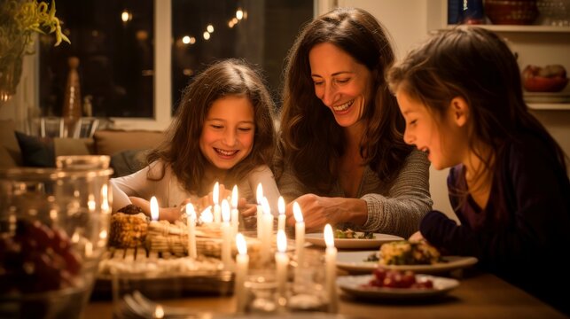 Happy extended Jewish family celebrating Hanukkah while gathering at dining table, candlelight that shines brightly
