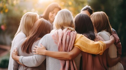 Group of women hugging themselves with love and care as a family, Day for the Elimination of Violence Against Women concept - obrazy, fototapety, plakaty