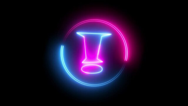 Blue and pink color glowing neon line circle with exclamation mark isolated on black background.4k