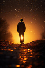 Silhouette of a Walking Man at Sunset