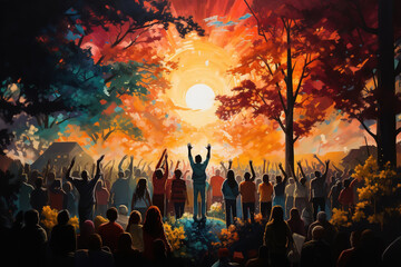 Community, we are culture, faith, sect support illustration concept. A crowd of different people raising their hands in the sun - obrazy, fototapety, plakaty