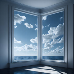 Generative KI großes Fenster im Hintergrund sonniger bewölkter Himmel und Meer