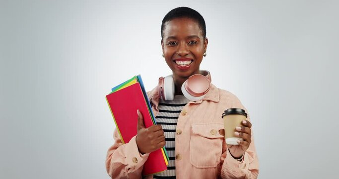 Woman, books and coffee with a student in studio excited about school, learning and education. Face of a happy black female person ready for university, college or scholarship on a white background