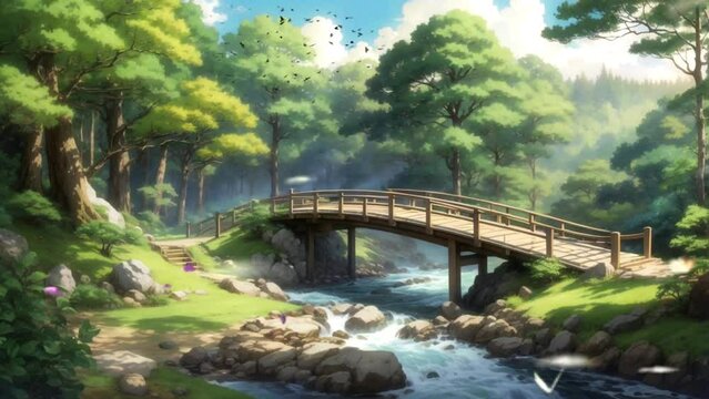 river view in tropical forest with old bridge, seamless looping video background animation, cartoon style