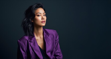 asian woman in purple blazer standing in studio dark background
