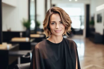 Poster happy woman with short hair sitting in salon in beauty salon © id512
