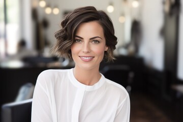 happy woman with short hair sitting in salon in beauty salon