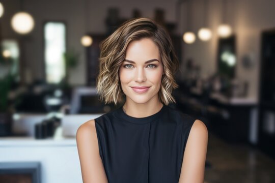 happy woman with short blond hair sitting in salon in beauty salon