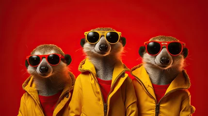 Fotobehang Group of Meerkat wear sunglasses, vibrant bright fashionable outfits isolated on red background. Creative animal concept. Generetive Ai © tong2530