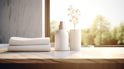 Hygiene products and towels on the table with the window in the background. Bathroom interior with minimalist design.