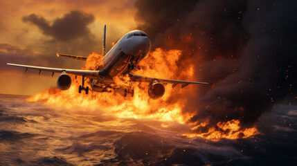 A plane caught fire mid air is diving into the sea