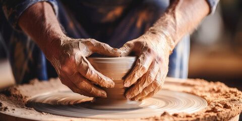 Cluse up hands of potter making clay pot.