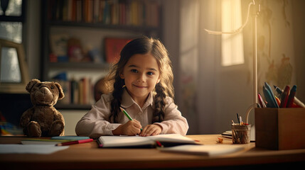Fototapeta na wymiar Smiling child school girl doing homework while sitting at desk at home. Generetive Ai