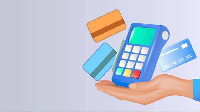 Payment terminal, a modern POS-bank payment device.
A payment device with an NFC keyboard. A credit card reader.
Animation of a contactless payment system.
