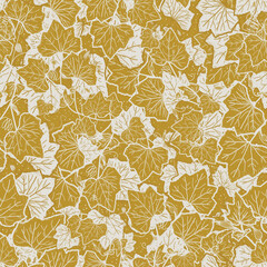 Lush leaves repeat pattern in mustard yellow and off-white. Hand-drawn illustration of pumpkin tendrils. Elegant and romantic pumpkin leaf design. Monochrome pattern with fall thanksgiving feel.