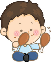 a vector of a boy eating chicken