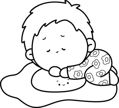 a vector of a kid sleeping on a giant egg in black and white coloring