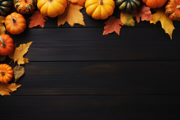 Naklejka na ściany i meble Festive Autumn Decor on Black Wooden Background, Pumpkin aand Leaves on Dark Wood