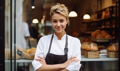 Photo of a confident woman in front of a bakery with arms crossed