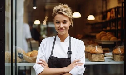 Foto op Plexiglas Photo of a confident woman in front of a bakery with arms crossed © uhdenis
