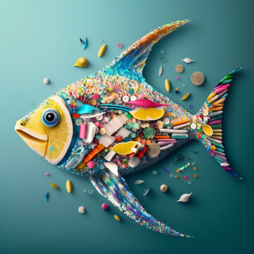 a creative and fun fact of seafood containing colourful micro plastics harming people - generative AI