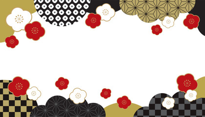 梅と和柄 和風 新春 バナー フレーム 上下柄 背景/黒・透過	