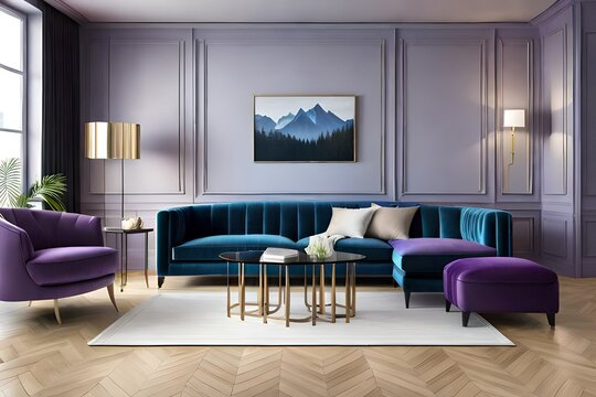 Luxury modern interior of living room ,Ultraviolet home decor concept ,purple sofa and black table with gold lamp on light purple wall and woodfloor ,3d render