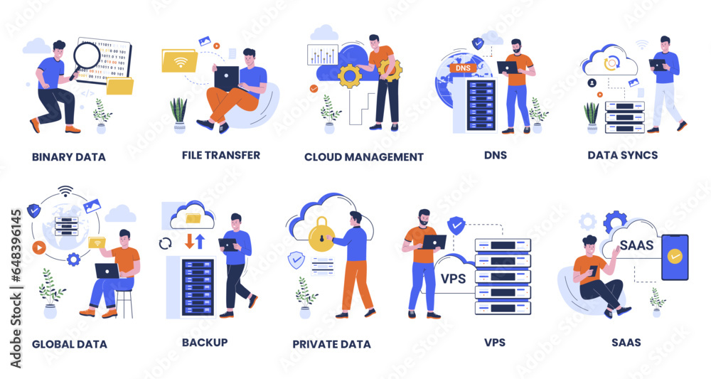 Wall mural cloud technology computing service vector collection set. cloud management system, domain name syste