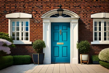 Blue front door of house in large brick house with flowers in pots. - obrazy, fototapety, plakaty